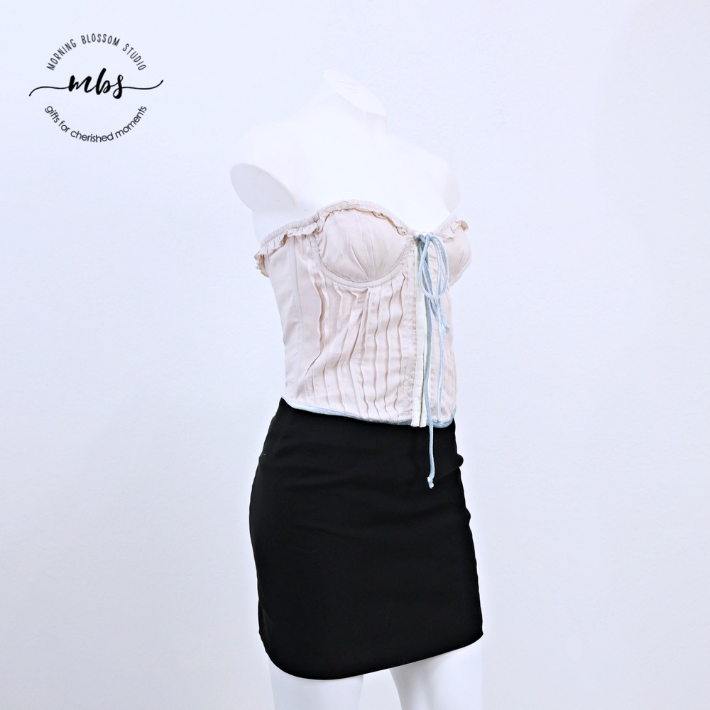 Sky to Moon Pleated Bustier Corset Top Coquette Regencycore Cream Blue Women L